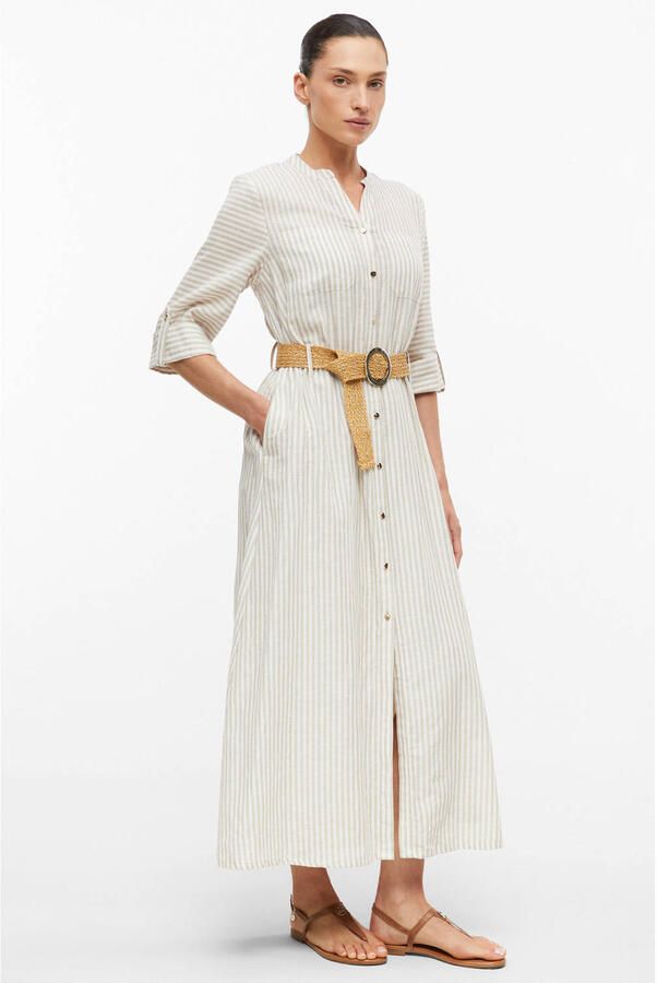 S.Oliver BLACK LABEL gestreepte midi blousejurk met driekwart mouwen en linnen beige