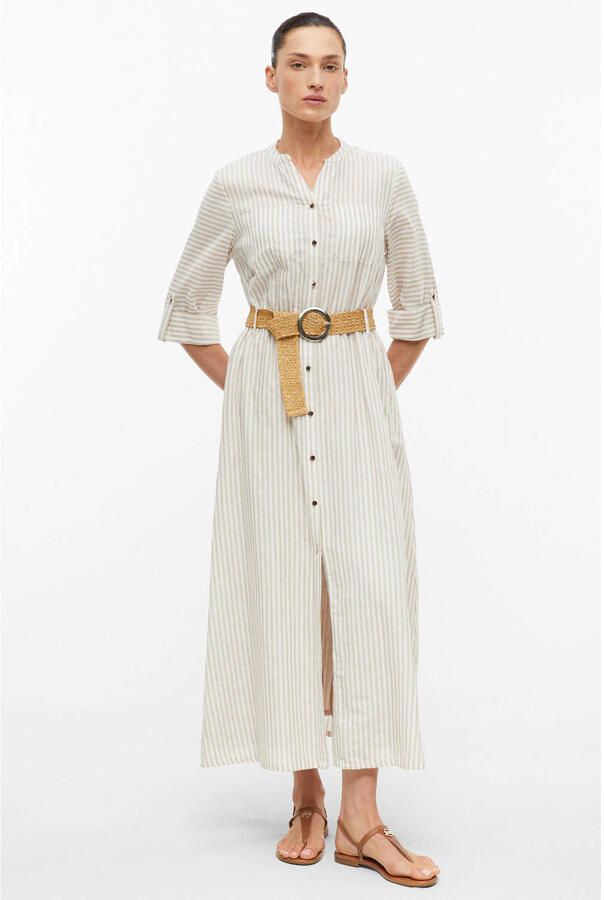 S.Oliver BLACK LABEL gestreepte midi blousejurk met driekwart mouwen en linnen beige - Foto 2