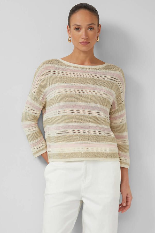 S.Oliver BLACK LABEL gestreepte trui beige met ingebreid patroon