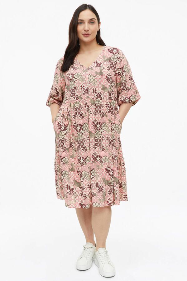 S.Oliver Curve relaxed fit midi jurk Plus Size met pofmouwen en print roze