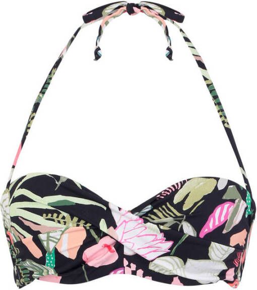 S.Oliver voorgevormde gebloemde strapless bandeau bikinitop zwart groen roze