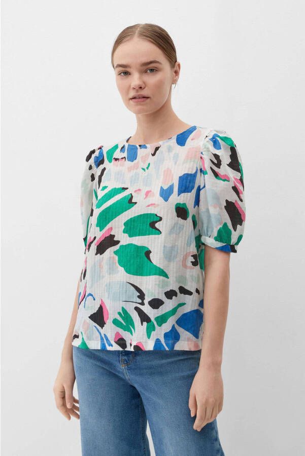 S.Oliver geweven blousetop met all over print en plooien wit groen blauw