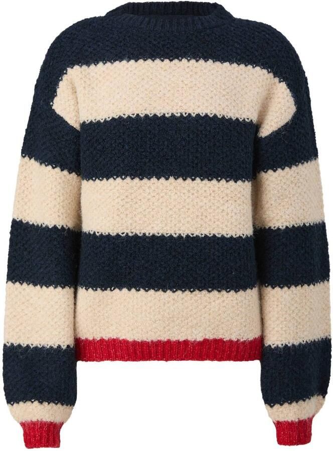 S.Oliver gestreepte gebreide trui donkerblauw beige Meisjes Polyester Ronde hals