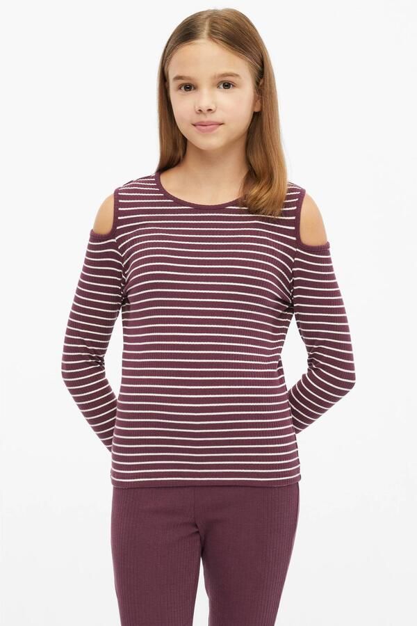 S.Oliver gestreepte longsleeve met cut-out aubergine ecru Paars Meisjes Katoen Ronde hals