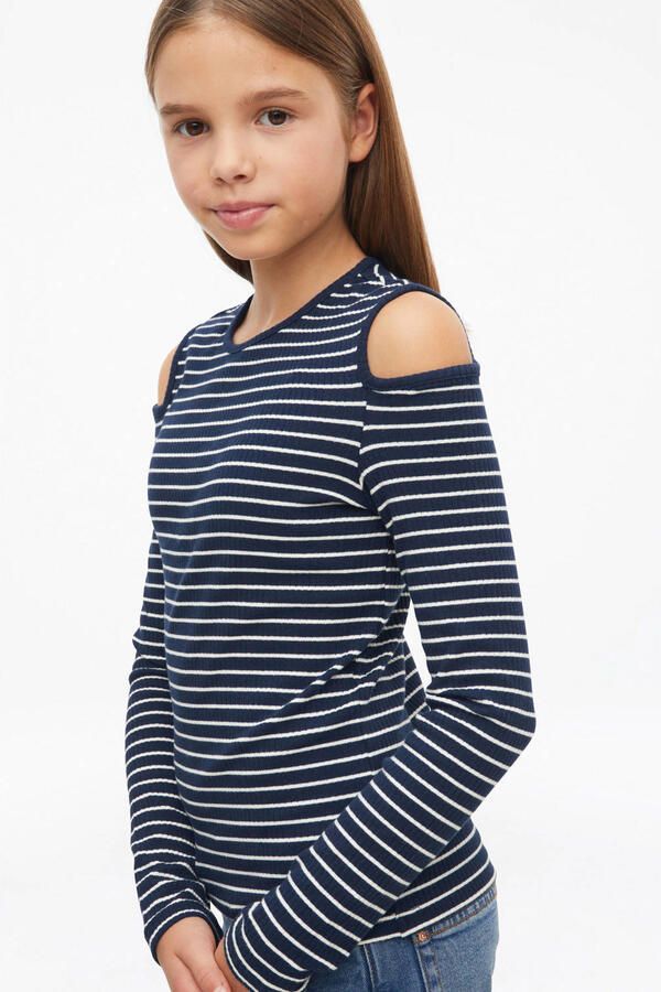 S.Oliver gestreepte longsleeve met cut-out donkerblauw wit - Foto 3