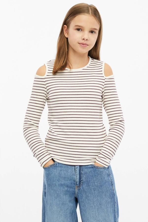 S.Oliver gestreepte longsleeve met open schouders beige donkerrood Meisjes Katoen Ronde hals