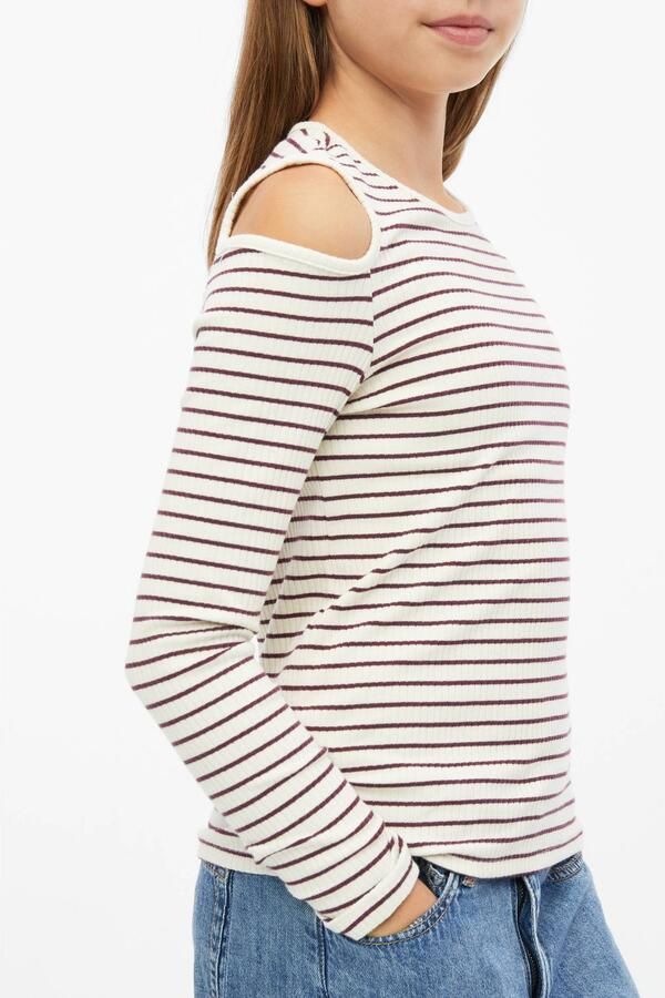 S.Oliver gestreepte longsleeve met open schouders beige donkerrood Meisjes Katoen Ronde hals - Foto 2