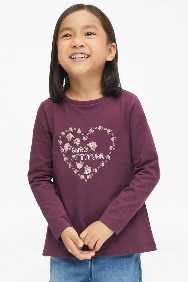 S.Oliver longsleeve met print aubergine Paars Meisjes Katoen Ronde hals glitter