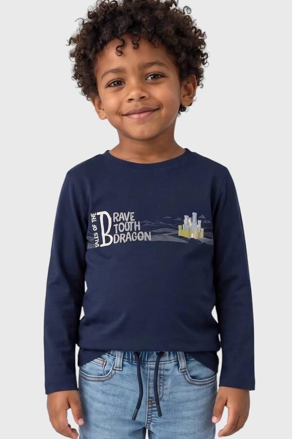 S.Oliver longsleeve met print donkerblauw Jongens Katoen Ronde hals Printopdruk