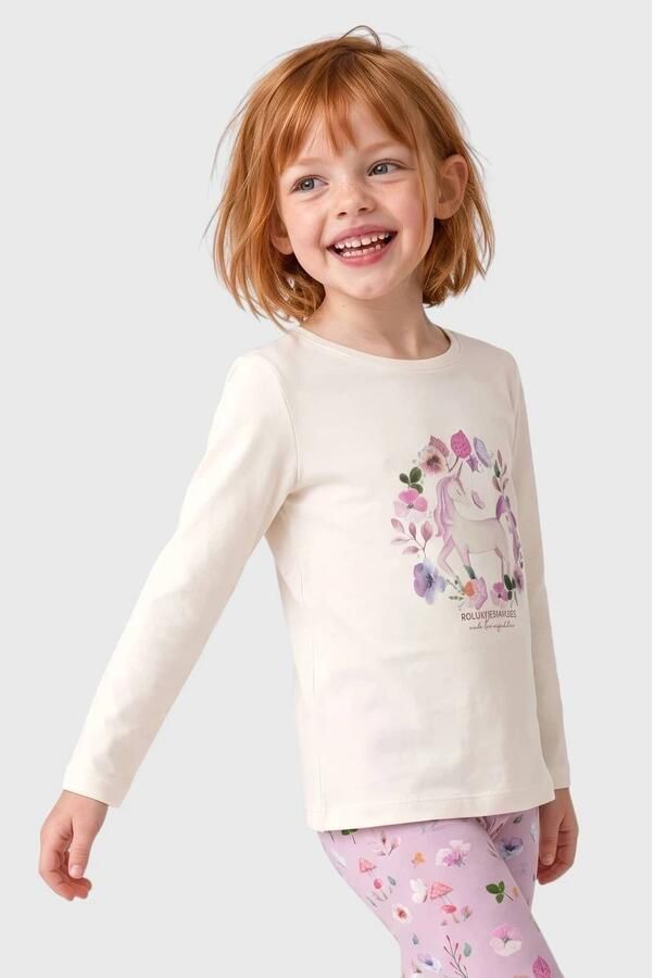 S.Oliver longsleeve met print ecru Meisjes Katoen Ronde hals Printopdruk glitter