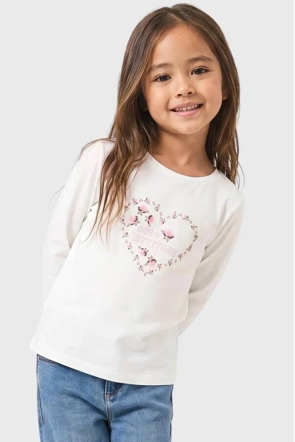 S.Oliver longsleeve met print ecru Meisjes Katoen Ronde hals Printopdruk glitter