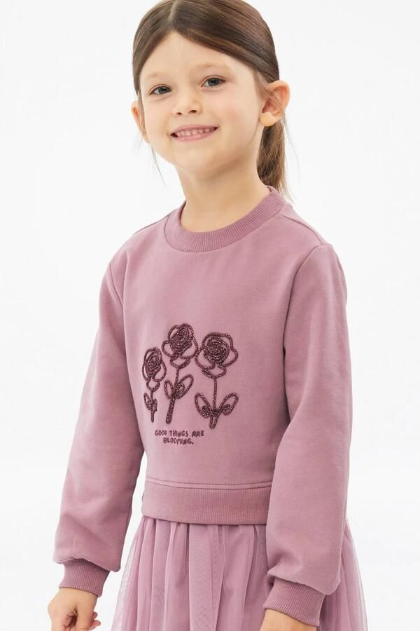 S.Oliver midi sweatjurk met glitters en tekst roze Meisjes Katoen Ronde hals - Foto 2