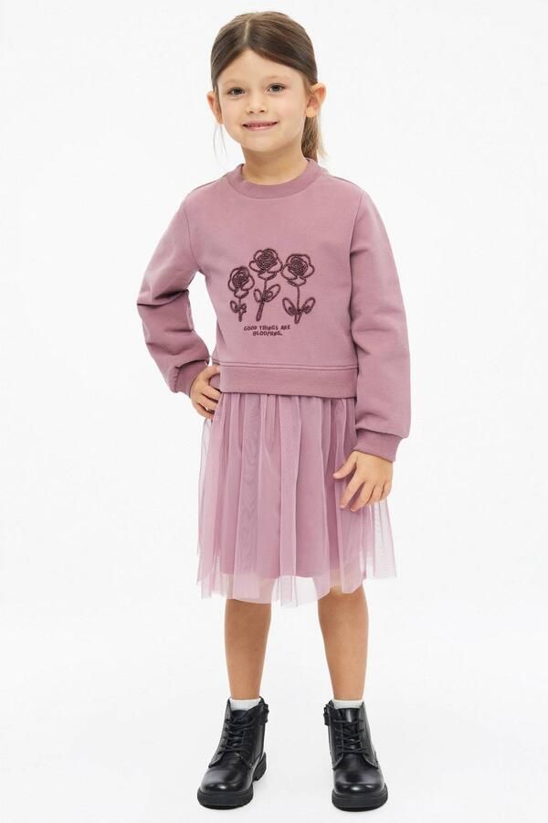 S.Oliver midi sweatjurk met glitters en tekst roze Meisjes Katoen Ronde hals - Foto 3