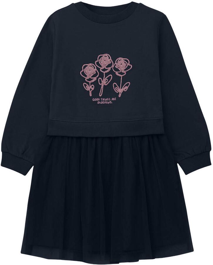 S.Oliver midi sweatjurk met tekst en glitters donkerblauw