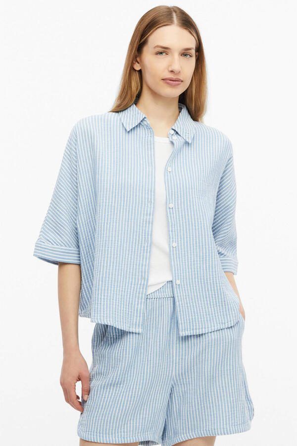 S.Oliver oversized gestreepte blouse met vleermuismouwen en overhemdkraag lichtblauw