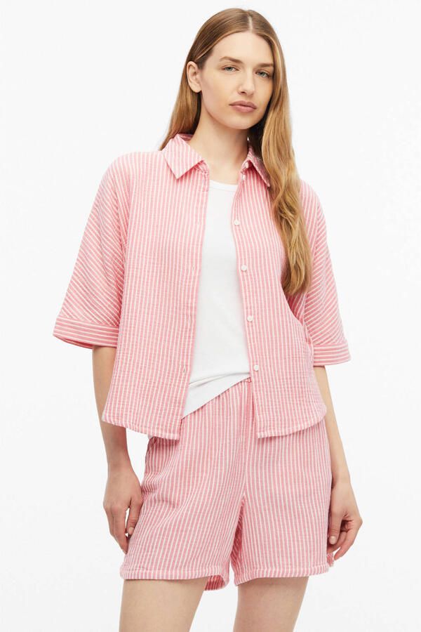 S.Oliver oversized gestreepte blouse met vleermuismouwen en overhemdkraag roze