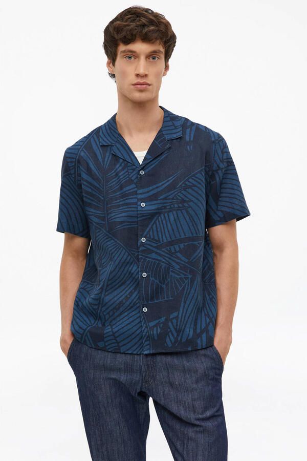 S.Oliver regular casual overhemd met linnen donkerblauw