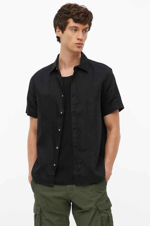 S.Oliver regular casual overhemd met linnen zwart
