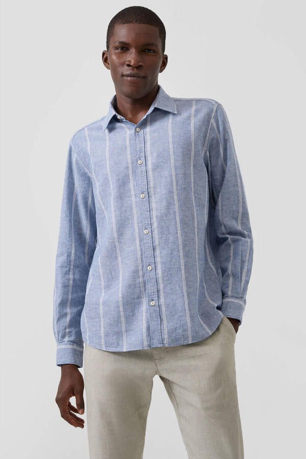 S.Oliver regular gestreept casual overhemd met linnen blauw
