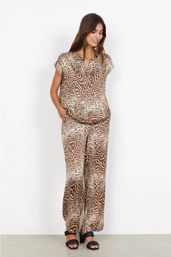 Soyaconcept satijnen high waist loose fit broek SC-LUNA met all over print bruin ecru