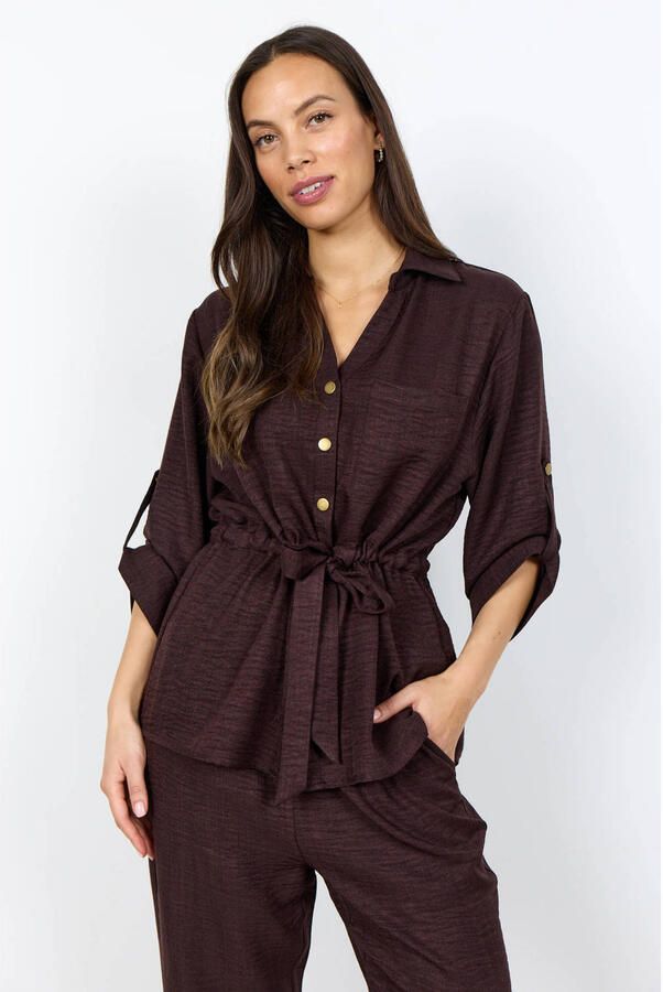 Soyaconcept blouse met ceintuur donkerbruin