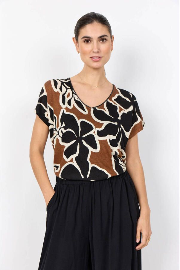 Soyaconcept gebloemd T-shirt met linnen bruin
