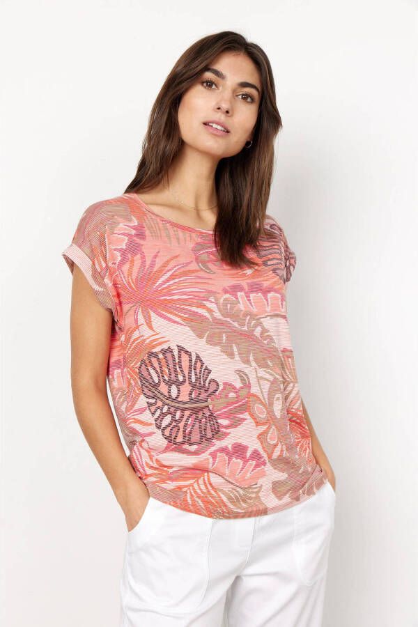Soyaconcept T-shirt SC-GALINA met bladprint koraalrood