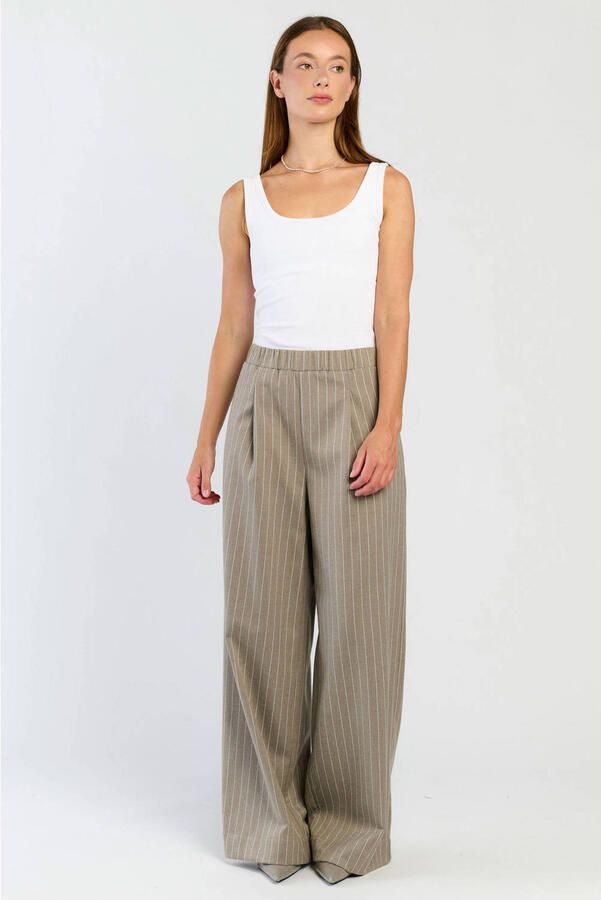 Spooq the label high waist wide leg broek met krijtstreep grijs ecru
