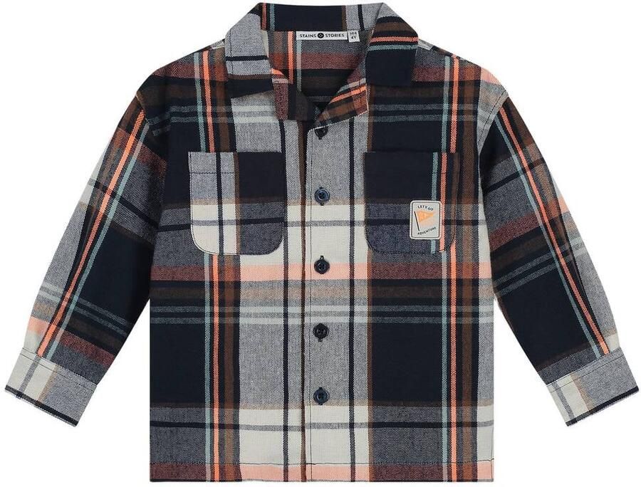 Stains&Stories geruit overhemd donkerblauw grijs oranje Jongens Polyester Klassieke kraag