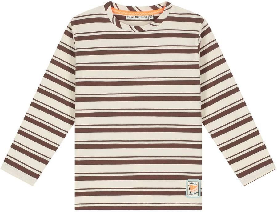 Stains&Stories gestreepte longsleeve lichtgeel bruin Jongens Stretchkatoen Ronde hals