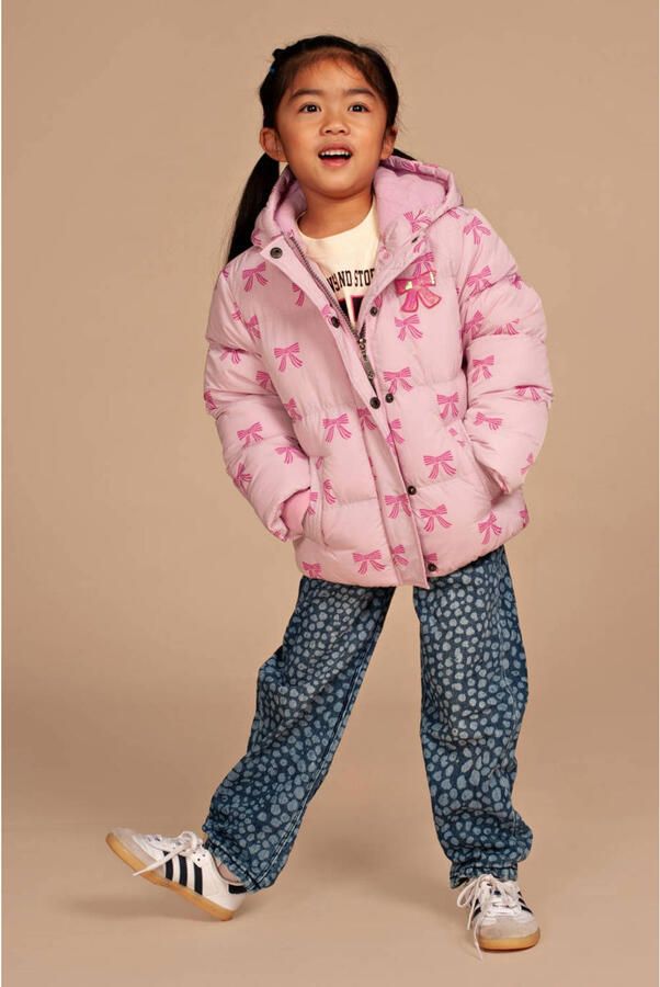 Stains&Stories gewatteerde winterjas met print roze Meisjes Polyester Capuchon
