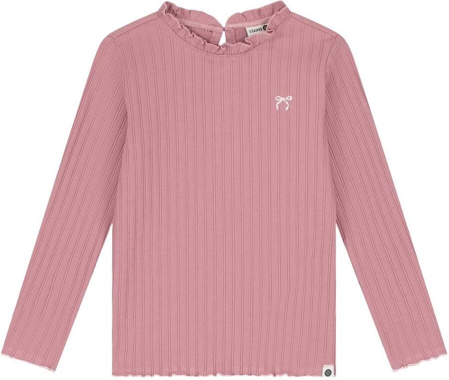 Stains&Stories longsleeve met ruches roze Meisjes Stretchkatoen Opstaande kraag