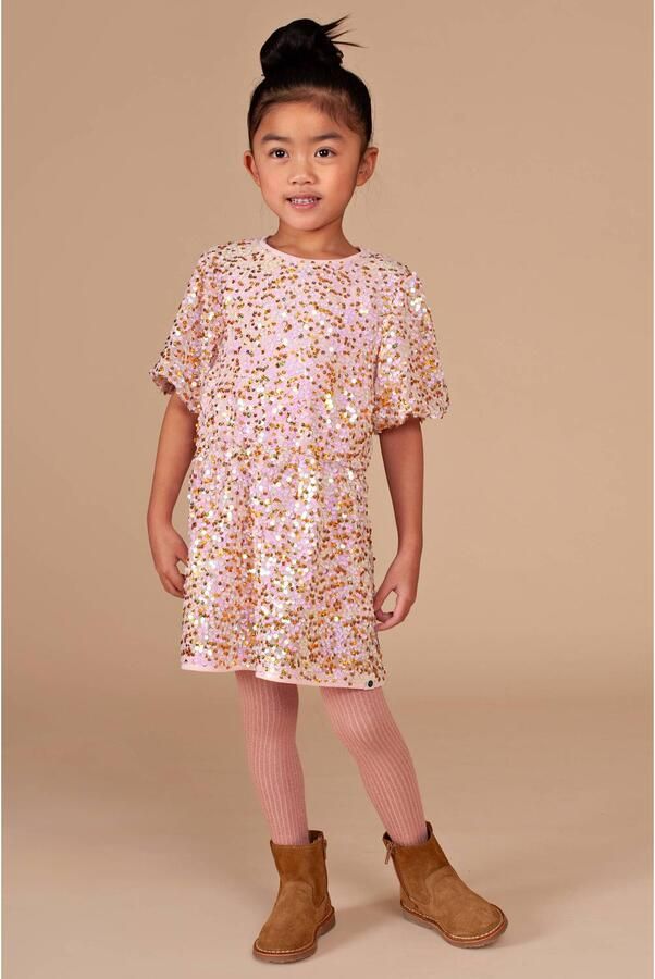 Stains&Stories midi jurk met glitters lichtroze goud Meisjes Polyester Ronde hals