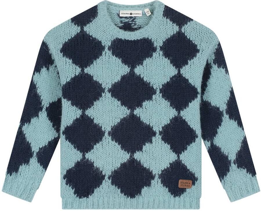 Stains&Stories rechtvallende gebreide geruite trui met wol blauw Jongens Polyester Ronde hals