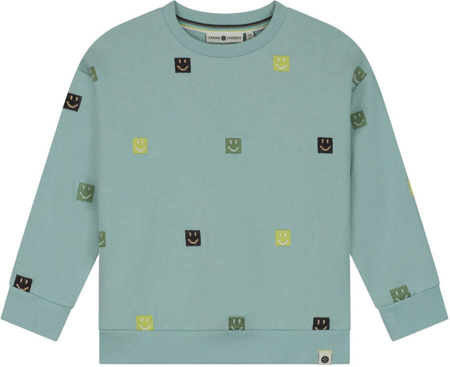 Stains&Stories sweater met borduursels lichtblauw Jongens Katoen Ronde hals