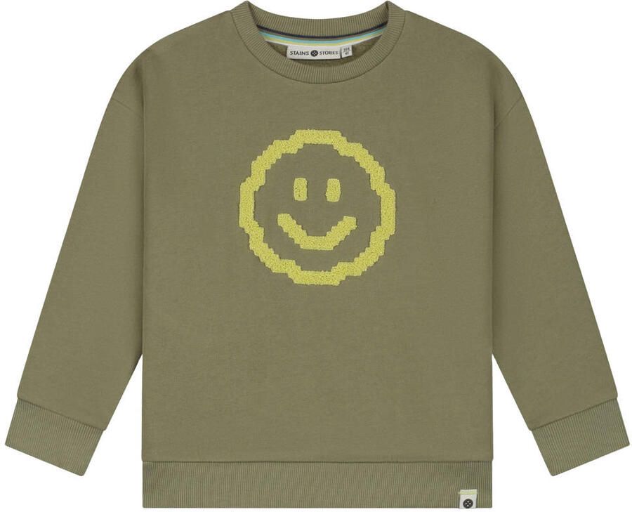 Stains&Stories sweater met print khaki Groen Jongens Katoen Ronde hals
