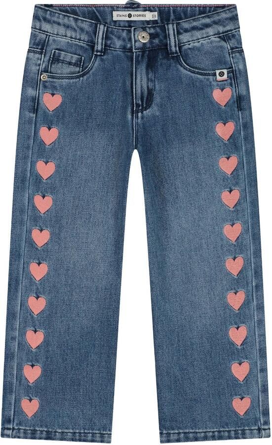 Stains&Stories wide leg jeans met hartjes blauw