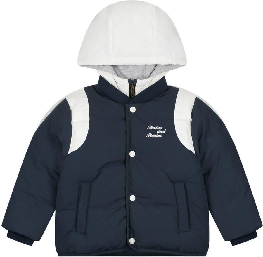 Stains&Stories winterjas donkerblauw wit Jongens Polyamide Capuchon Effen