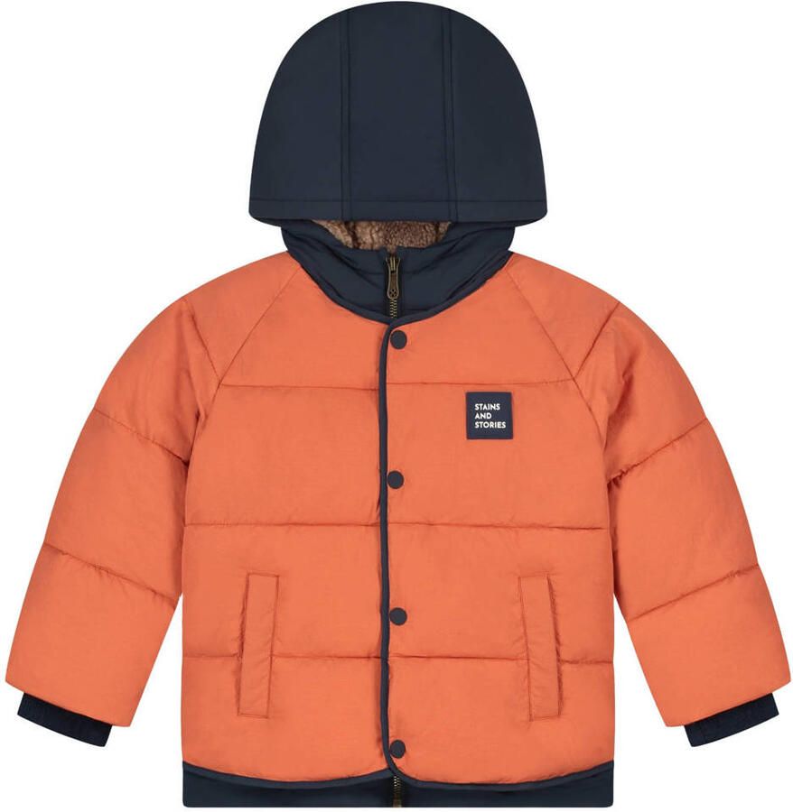 Stains&Stories winterjas oranje donkerblauw Jongens Polyamide Capuchon