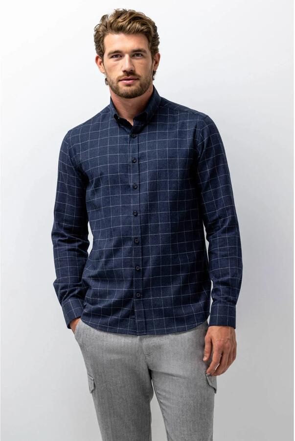 State of Art flanel regular fit geruit overhemd donkerblauw middelgrijs