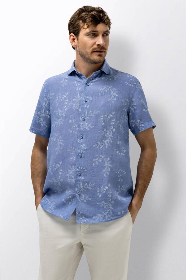State of Art regular casual overhemd met linnen blauw
