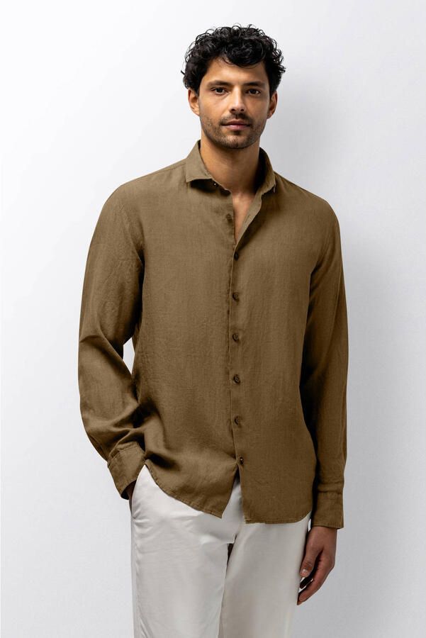 State of Art regular casual overhemd met linnen bruin