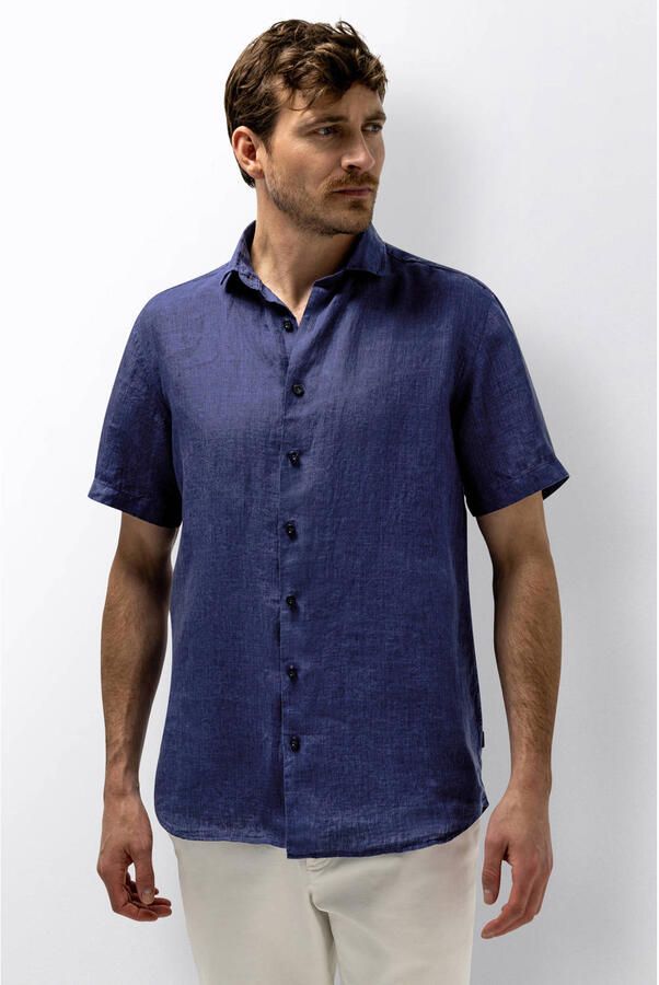 State of Art regular casual overhemd met linnen donkerblauw