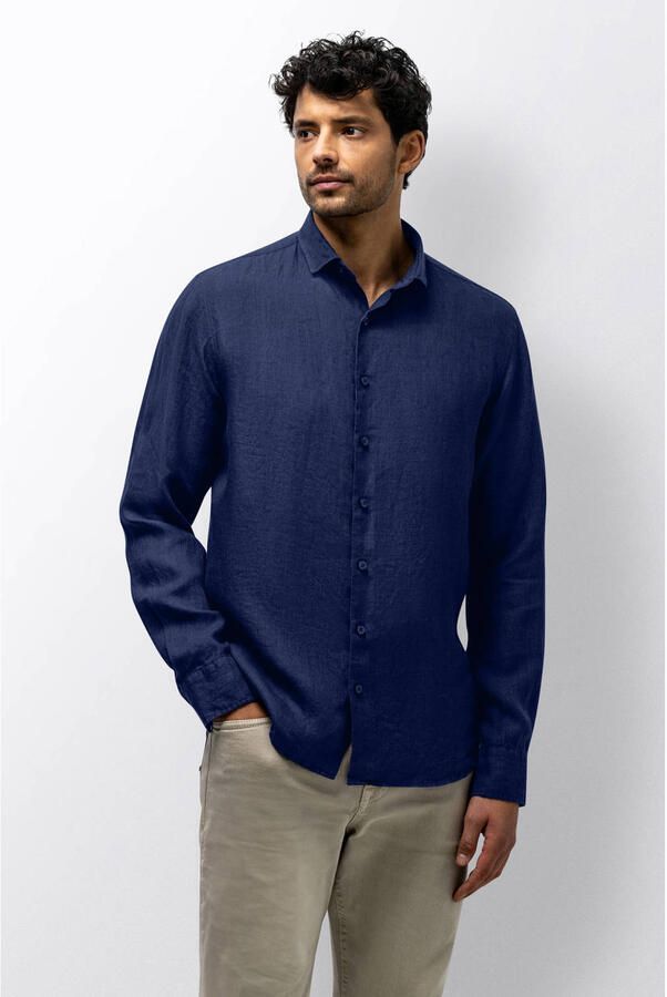 State of Art regular casual overhemd met linnen donkerblauw