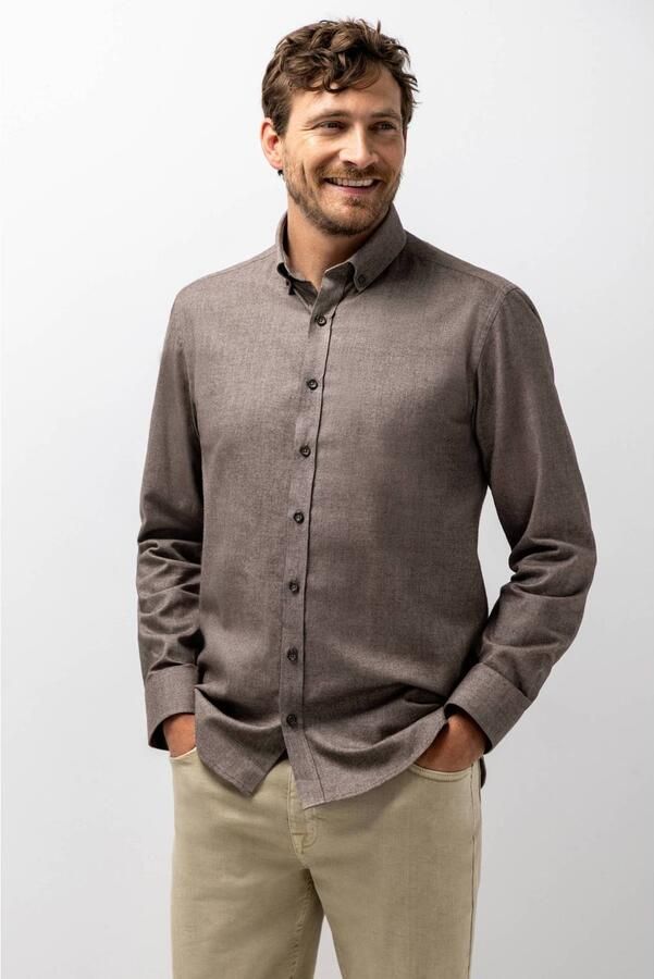 State of Art regular fit casual twill gemêleerd overhemd dark brown white