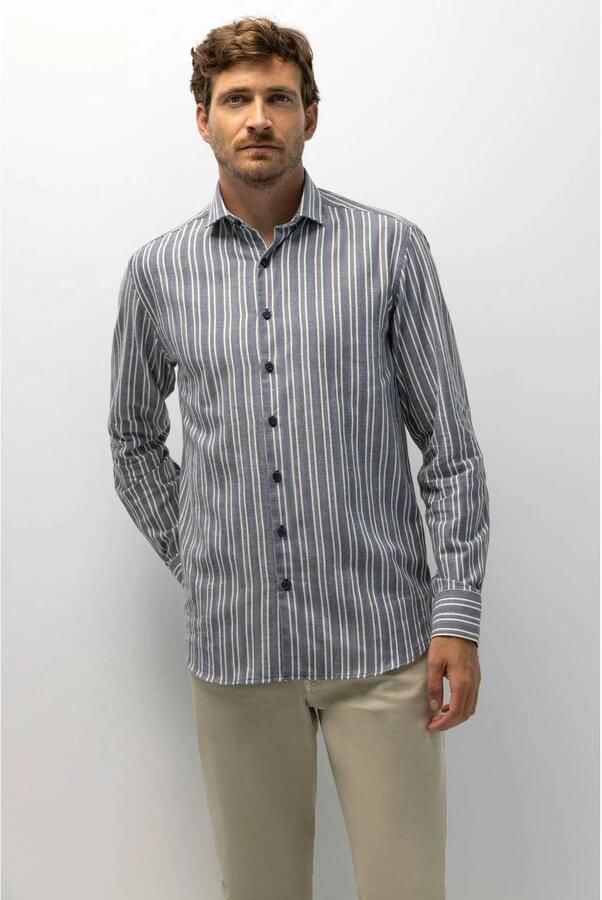 State of Art regular fit gestreept overhemd dark-blue dark-brown