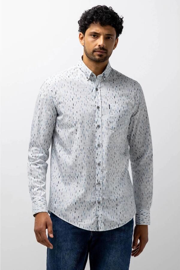 State of Art regular fit poplin overhemd met print grijsblauw donkerblauw