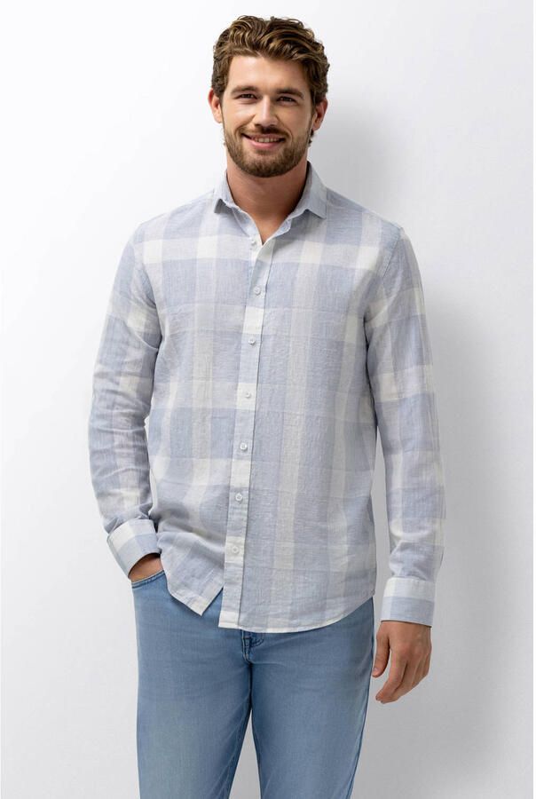 State of Art regular geruit casual overhemd met linnen lichtblauw
