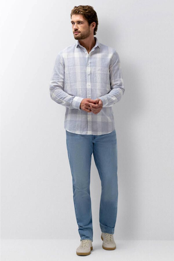 State of Art regular geruit casual overhemd met linnen lichtblauw - Foto 3