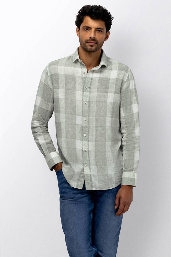 State of Art regular geruit casual overhemd met linnen lichtgroen
